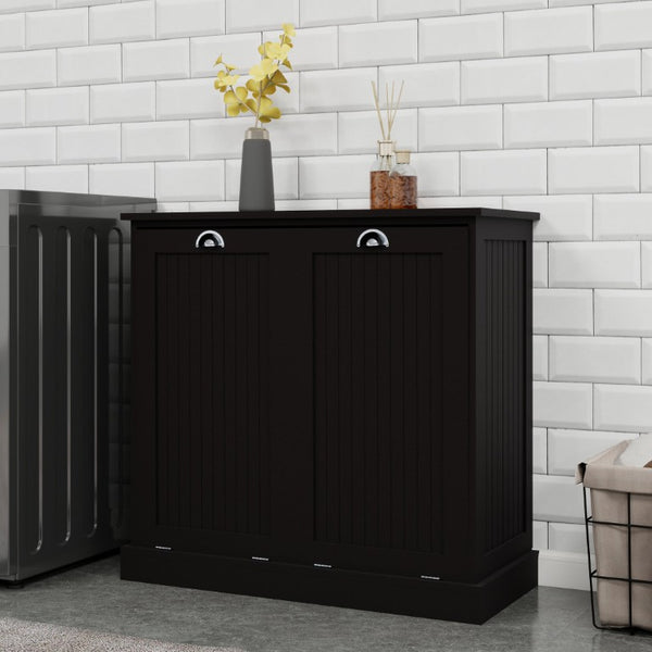 English Elm Two-Compartment Tilt-Out Laundry Cabinet Matte Black MDF Moisture-Resistant Sorter W282P439114