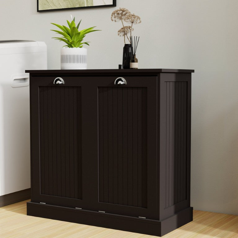 English Elm Two-Compartment Tilt-Out Laundry Cabinet Matte Black MDF Moisture-Resistant Sorter W282P439114
