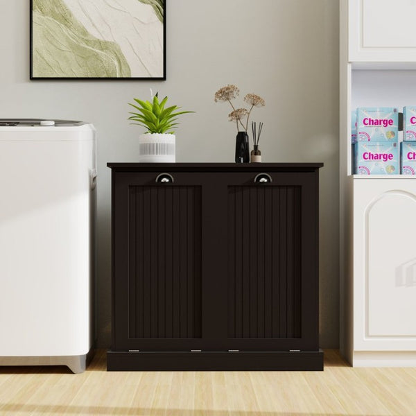English Elm Two-Compartment Tilt-Out Laundry Cabinet Matte Black MDF Moisture-Resistant Sorter W282P439114