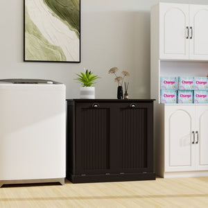 English Elm Two-Compartment Tilt-Out Laundry Cabinet Matte Black MDF Moisture-Resistant Sorter W282P439114