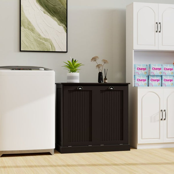 English Elm Two-Compartment Tilt-Out Laundry Cabinet Matte Black MDF Moisture-Resistant Sorter W282P439114