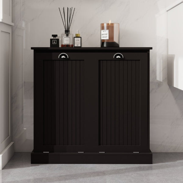English Elm Two-Compartment Tilt-Out Laundry Cabinet Matte Black MDF Moisture-Resistant Sorter W282P439114