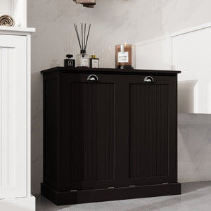 English Elm Two-Compartment Tilt-Out Laundry Cabinet Matte Black MDF Moisture-Resistant Sorter W282P439114
