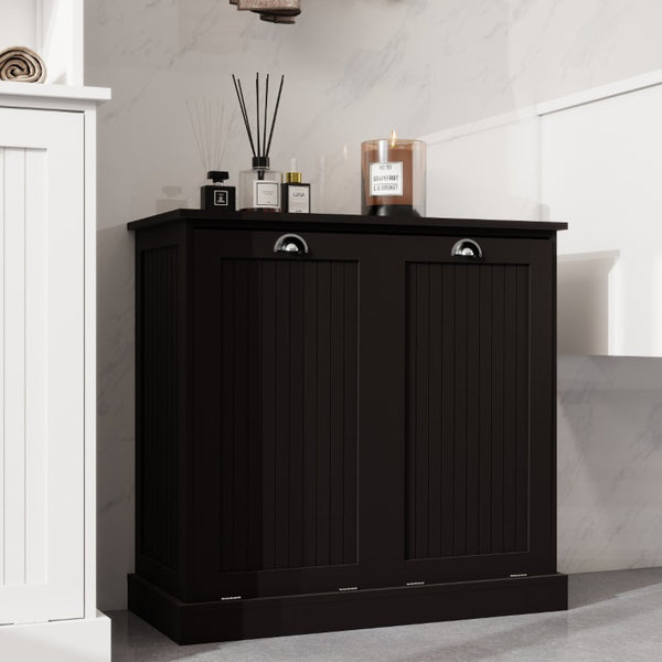 English Elm Two-Compartment Tilt-Out Laundry Cabinet Matte Black MDF Moisture-Resistant Sorter W282P439114