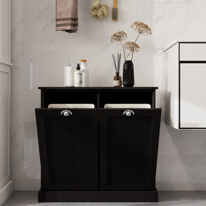 English Elm Two-Compartment Tilt-Out Laundry Cabinet Matte Black MDF Moisture-Resistant Sorter W282P439114