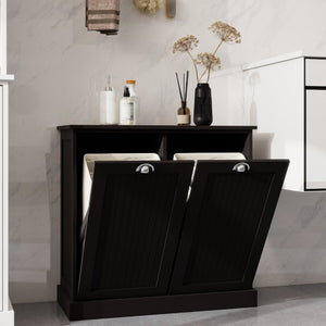 English Elm Two-Compartment Tilt-Out Laundry Cabinet Matte Black MDF Moisture-Resistant Sorter W282P439114