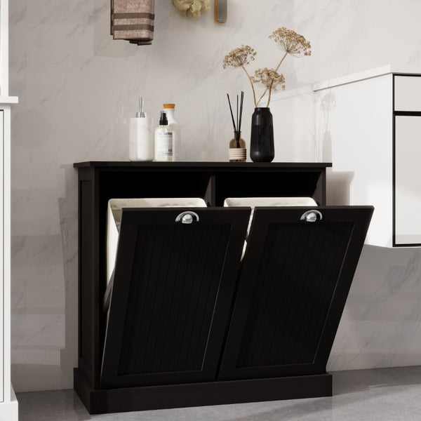 English Elm Two-Compartment Tilt-Out Laundry Cabinet Matte Black MDF Moisture-Resistant Sorter W282P439114