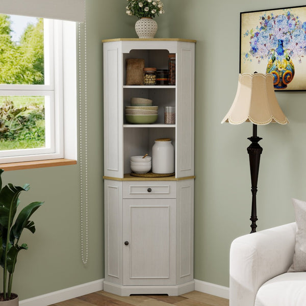 English Elm 68" Tall Fluted Door Corner Cabinet Farmhouse Storage with Drawer and Adjustable Shelf W282P442195