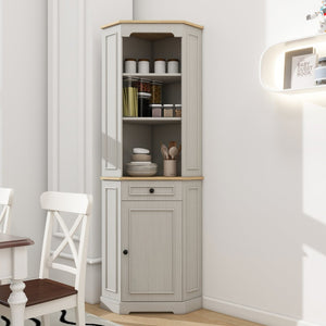 English Elm 68" Tall Fluted Door Corner Cabinet Farmhouse Storage with Drawer and Adjustable Shelf W282P442195