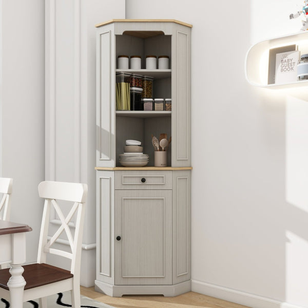 English Elm 68" Tall Fluted Door Corner Cabinet Farmhouse Storage with Drawer and Adjustable Shelf W282P442195