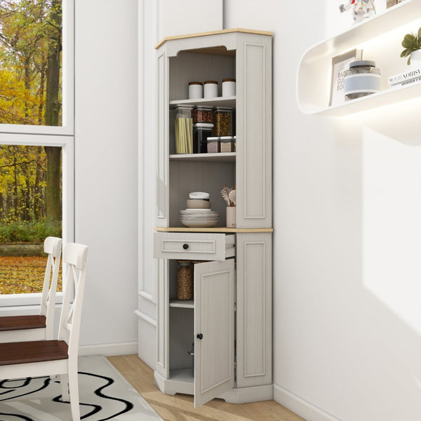 English Elm 68" Tall Fluted Door Corner Cabinet Farmhouse Storage with Drawer and Adjustable Shelf W282P442195