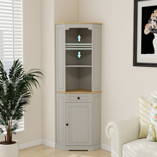 English Elm 68" Tall Fluted Door Corner Cabinet Farmhouse Storage with Drawer and Adjustable Shelf W282P442195