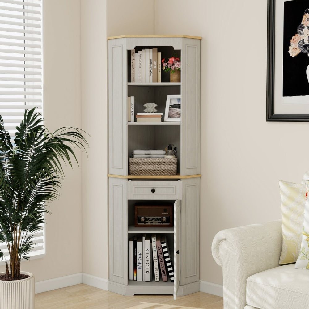 English Elm 68" Tall Fluted Door Corner Cabinet Farmhouse Storage with Drawer and Adjustable Shelf W282P442195