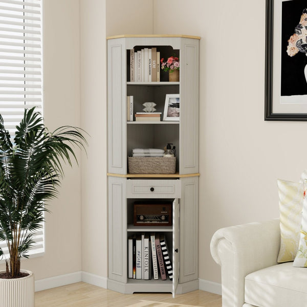 English Elm 68" Tall Fluted Door Corner Cabinet Farmhouse Storage with Drawer and Adjustable Shelf W282P442195
