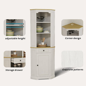 English Elm 68" Tall Fluted Door Corner Cabinet Farmhouse Storage with Drawer and Adjustable Shelf W282P442195