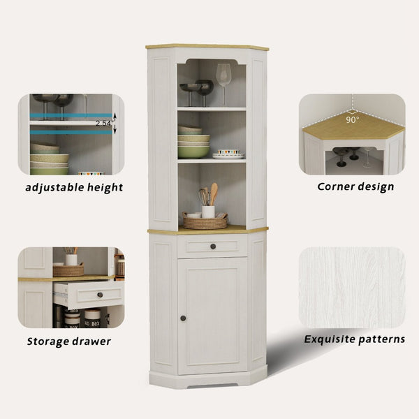 English Elm 68" Tall Fluted Door Corner Cabinet Farmhouse Storage with Drawer and Adjustable Shelf W282P442195