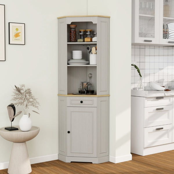 English Elm 68" Tall Fluted Door Corner Cabinet Farmhouse Storage with Drawer and Adjustable Shelf W282P442195