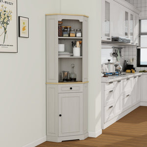 English Elm 68" Tall Fluted Door Corner Cabinet Farmhouse Storage with Drawer and Adjustable Shelf W282P442195