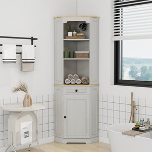English Elm 68" Tall Fluted Door Corner Cabinet Farmhouse Storage with Drawer and Adjustable Shelf W282P442195