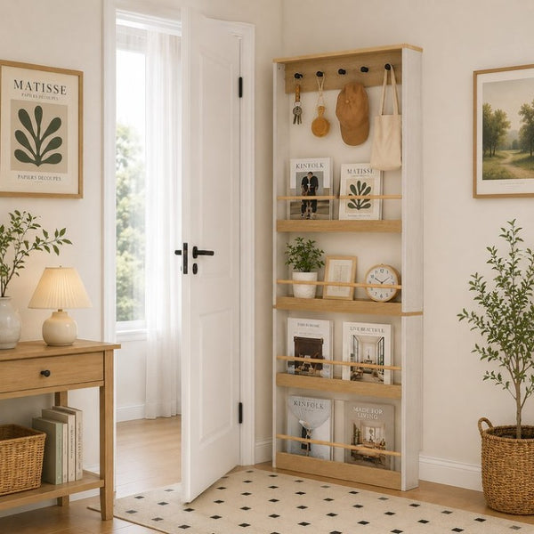 English Elm Behind Door Narrow Bookcase with 4 Shelves and 5 Hooks Antique White MDF Storage W282P489373