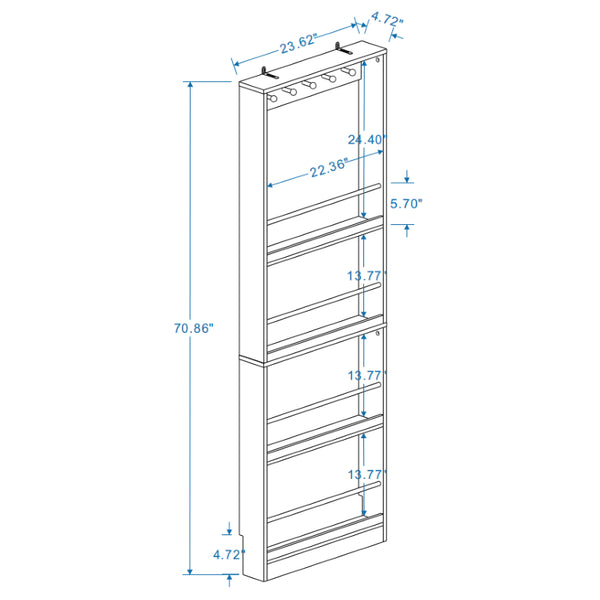 English Elm Behind Door Narrow Bookcase with 4 Shelves and 5 Hooks Antique White MDF Storage W282P489373