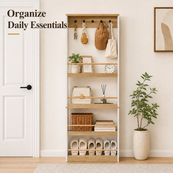 English Elm Behind Door Narrow Bookcase with 4 Shelves and 5 Hooks Antique White MDF Storage W282P489373