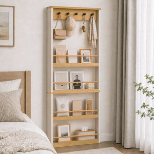 English Elm Behind Door Narrow Bookcase with 4 Shelves and 5 Hooks Antique White MDF Storage W282P489373