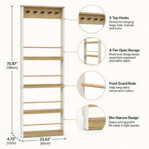 English Elm Behind Door Narrow Bookcase with 4 Shelves and 5 Hooks Antique White MDF Storage W282P489373