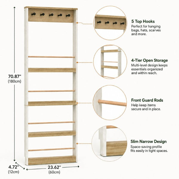 English Elm Behind Door Narrow Bookcase with 4 Shelves and 5 Hooks Antique White MDF Storage W282P489373