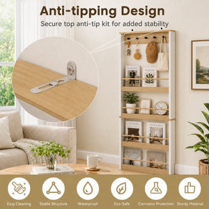 English Elm Behind Door Narrow Bookcase with 4 Shelves and 5 Hooks Antique White MDF Storage W282P489373