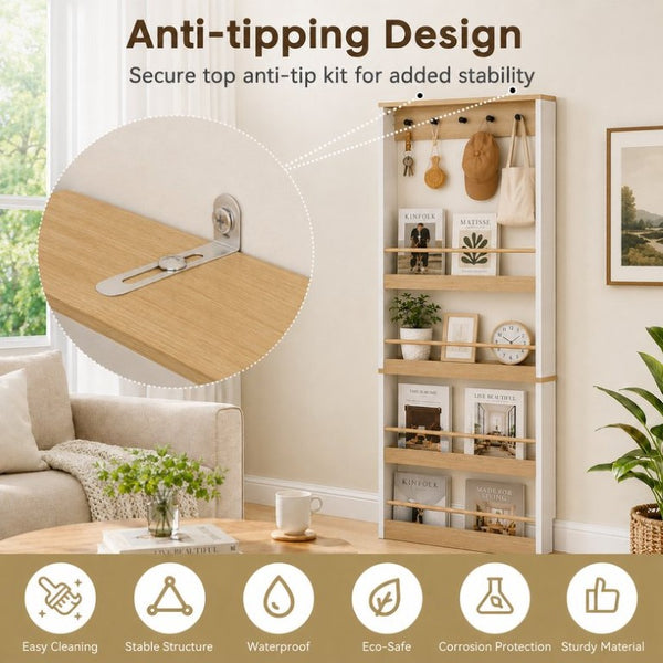 English Elm Behind Door Narrow Bookcase with 4 Shelves and 5 Hooks Antique White MDF Storage W282P489373