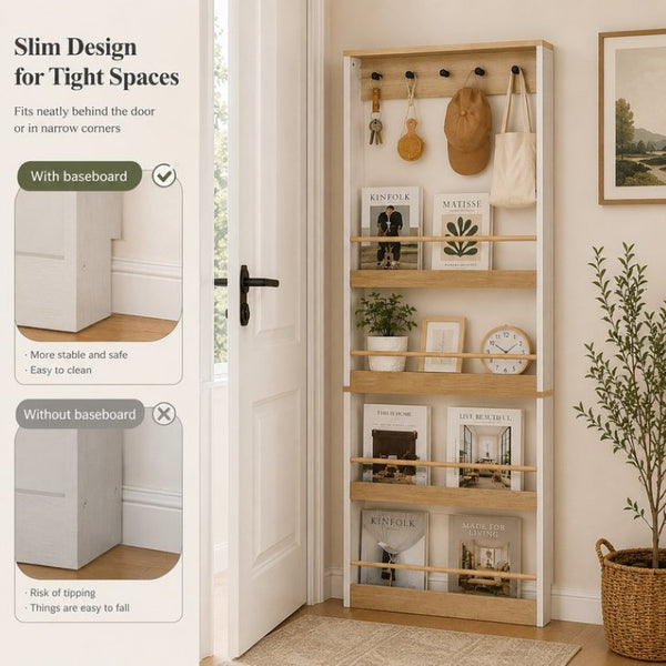 English Elm Behind Door Narrow Bookcase with 4 Shelves and 5 Hooks Antique White MDF Storage W282P489373
