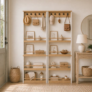 English Elm Behind Door Narrow Bookcase with 4 Shelves and 5 Hooks Antique White MDF Storage W282P489373