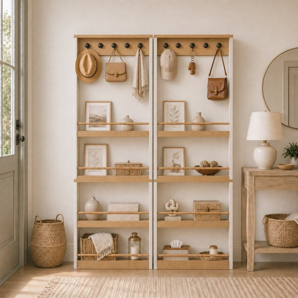 English Elm Behind Door Narrow Bookcase with 4 Shelves and 5 Hooks Antique White MDF Storage W282P489373