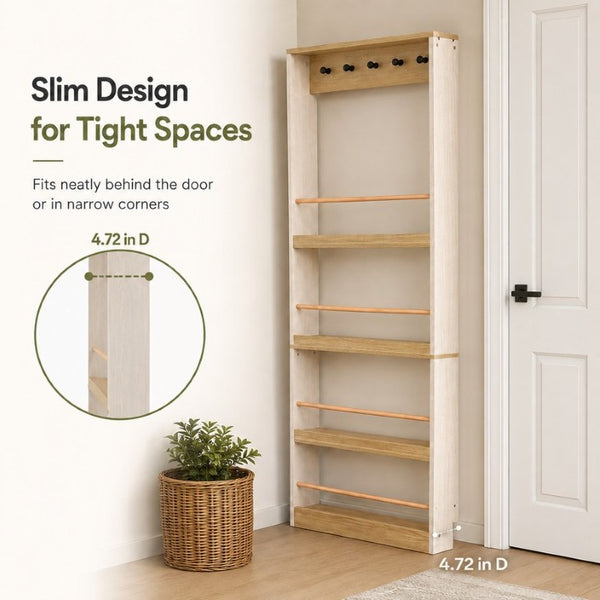 English Elm Behind Door Narrow Bookcase with 4 Shelves and 5 Hooks Antique White MDF Storage W282P489373