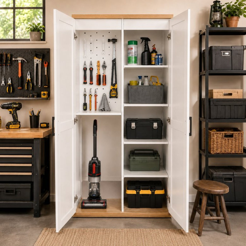 English Elm 68.9 Inch Tall Wooden Broom Closet with Pegboard Panel and Adjustable Shelves for Utility Rooms W282S00038