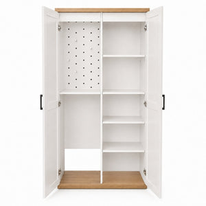 English Elm 68.9 Inch Tall Wooden Broom Closet with Pegboard Panel and Adjustable Shelves for Utility Rooms W282S00038
