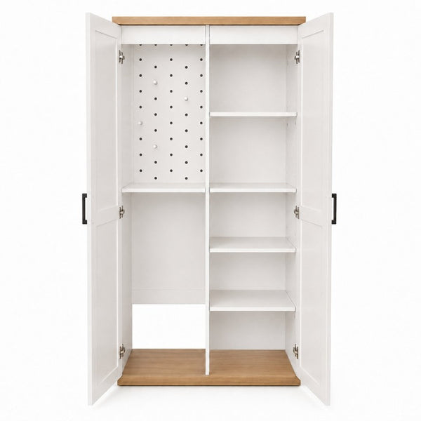 English Elm 68.9 Inch Tall Wooden Broom Closet with Pegboard Panel and Adjustable Shelves for Utility Rooms W282S00038