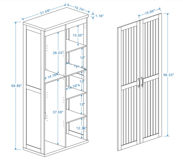 English Elm 68.9 Inch Tall Wooden Broom Closet with Pegboard Panel and Adjustable Shelves for Utility Rooms W282S00038