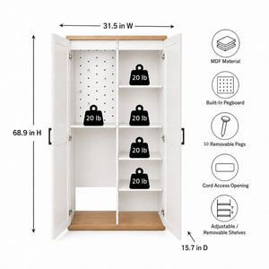 English Elm 68.9 Inch Tall Wooden Broom Closet with Pegboard Panel and Adjustable Shelves for Utility Rooms W282S00038