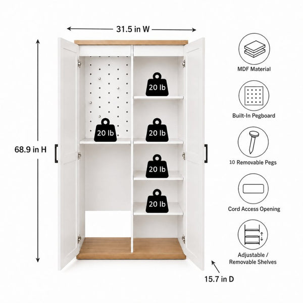 English Elm 68.9 Inch Tall Wooden Broom Closet with Pegboard Panel and Adjustable Shelves for Utility Rooms W282S00038