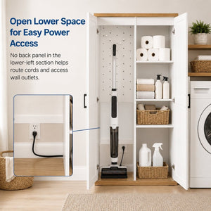 English Elm 68.9 Inch Tall Wooden Broom Closet with Pegboard Panel and Adjustable Shelves for Utility Rooms W282S00038