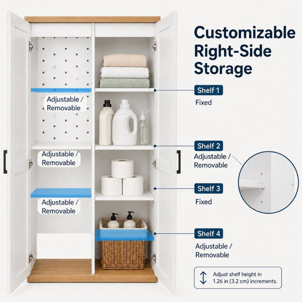 English Elm 68.9 Inch Tall Wooden Broom Closet with Pegboard Panel and Adjustable Shelves for Utility Rooms W282S00038