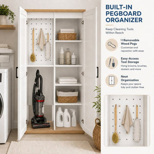 English Elm 68.9 Inch Tall Wooden Broom Closet with Pegboard Panel and Adjustable Shelves for Utility Rooms W282S00038