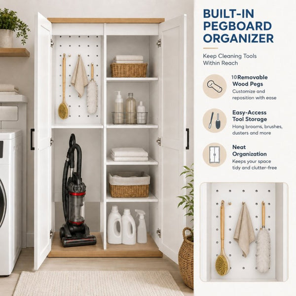 English Elm 68.9 Inch Tall Wooden Broom Closet with Pegboard Panel and Adjustable Shelves for Utility Rooms W282S00038
