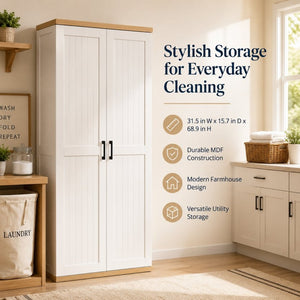English Elm 68.9 Inch Tall Wooden Broom Closet with Pegboard Panel and Adjustable Shelves for Utility Rooms W282S00038