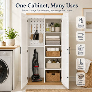English Elm 68.9 Inch Tall Wooden Broom Closet with Pegboard Panel and Adjustable Shelves for Utility Rooms W282S00038