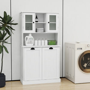 English Elm Two-Compartment Tilt-Out Laundry Cabinet Tall White MDF Storage with Adjustable Shelves W282S00039