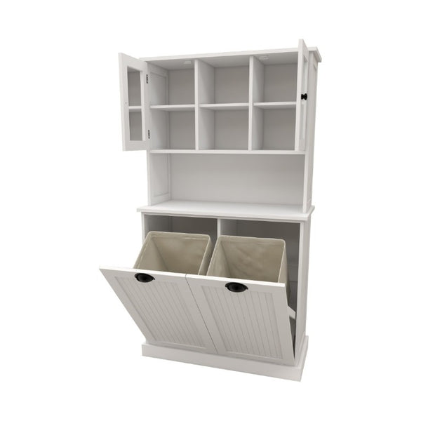English Elm Two-Compartment Tilt-Out Laundry Cabinet Tall White MDF Storage with Adjustable Shelves W282S00039