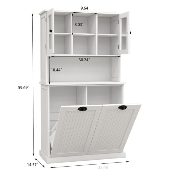 English Elm Two-Compartment Tilt-Out Laundry Cabinet Tall White MDF Storage with Adjustable Shelves W282S00039